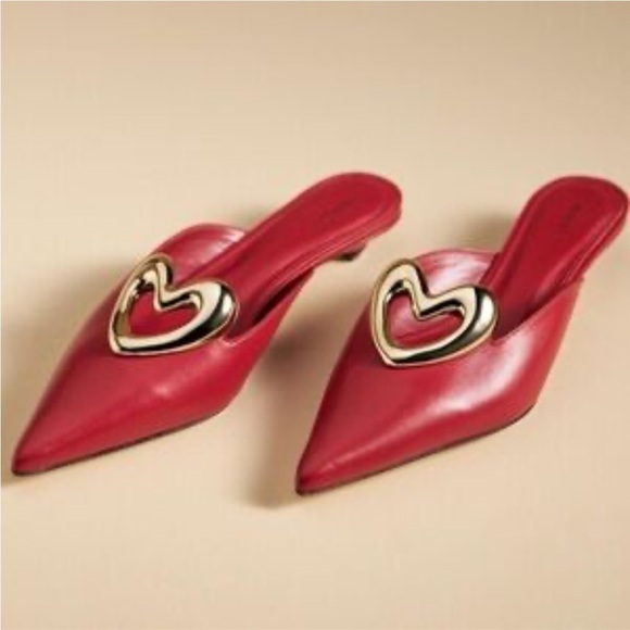 Maeve Shoes - Maeve Heart Mule Heels Red Leather Slip On Kitten Heel Love Sz 38 US 7-7.5 NEW